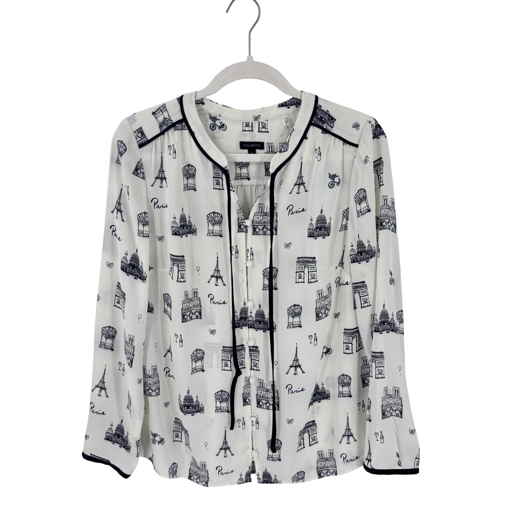 Talbots Blouse Paris City Print Tie Neck Long Sleeve Novelty Top Size Small Euro